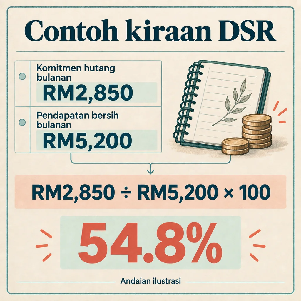 Contoh DSR: komitmen hutang bulanan RM2,850 dibahagi pendapatan bersih bulanan RM5,200, didarab 100, menghasilkan 54.8%.